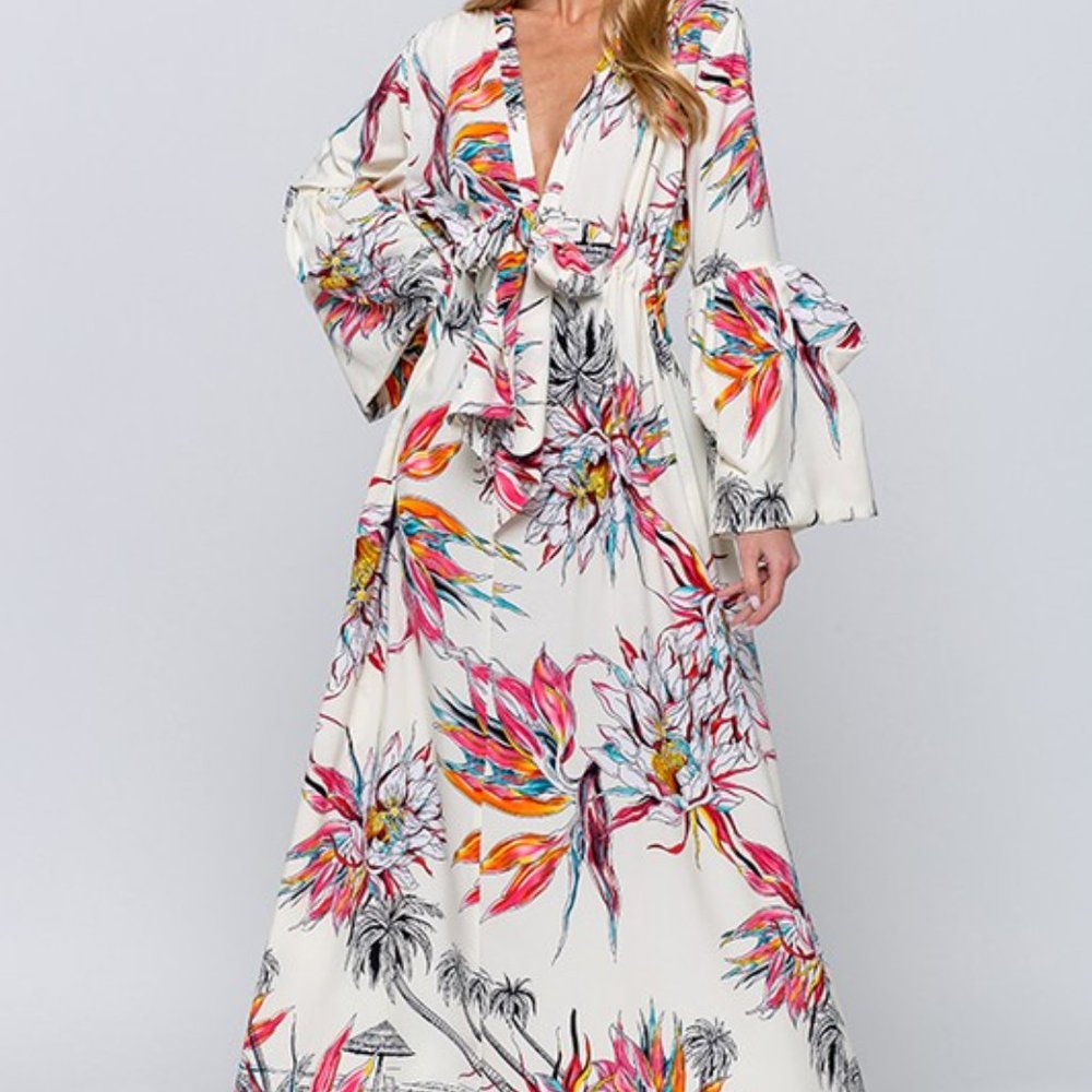 V NECK, PRINTED TIE UP MAXI DRESS